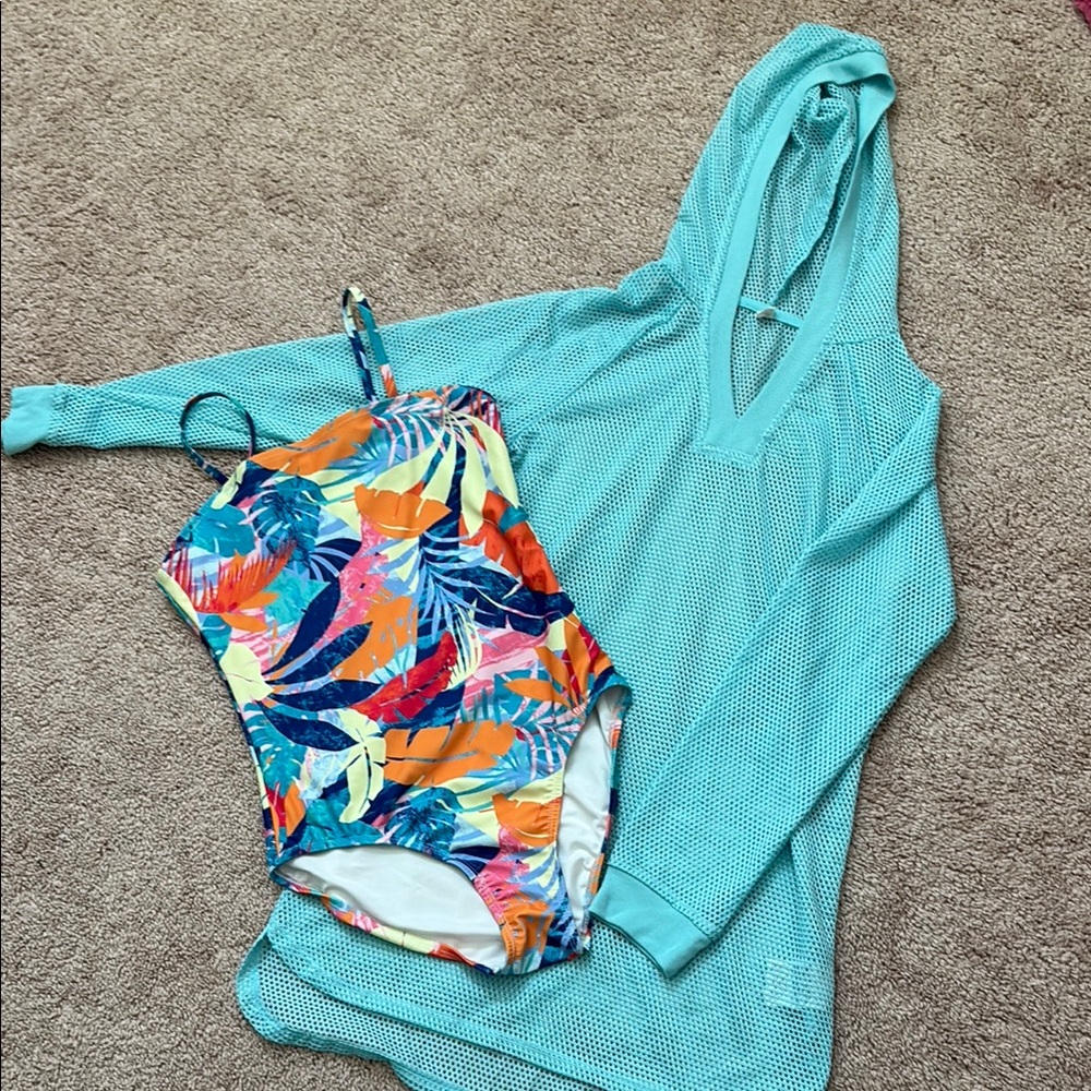 Tropical Blue and Orange One Piece Swimsuit